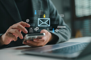 Digital marketing and social media automation with AI showing email campaign, user targeting, and mobile interaction. Perfect for Martech, CRM platforms and content about online marketing strategies.