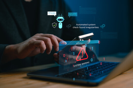 AI-powered mobile system warning detection showing automated alerts on smartphone and laptop, indicating cyber threats, digital anomalies. Ideal for cybersecurity, AI automation, smart app concepts.