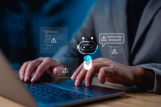 AI-powered code analysis and system error detection, robot assistant identifying bugs in real-time. Perfect for content about intelligent programming, debugging, machine learning in cybersecurity.