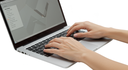 Hands Typing on Laptop Computer in Office Transparent Background