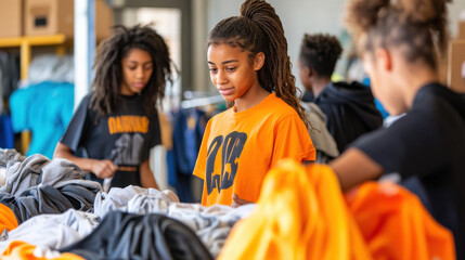A youth center organizing a clothing drive, where teens are actively sorting donations and helping those in need in the community. —ar 16:9