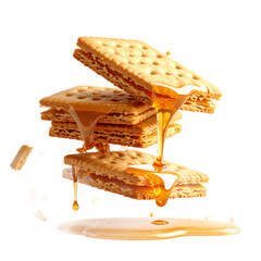 Stack Of Caramel Layered Biscuit Sandwich with Flowing Caramel Dripping Down with Crumbles Isolated Transparent Background