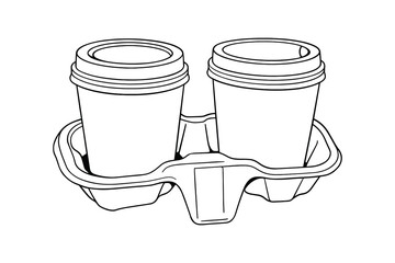 Takeaway Coffee Cups in Holder Line Art Illustration Drawing Beverage