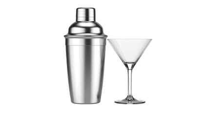 Stainless Steel Cocktail Shaker Next To Empty Martini Glass Against Black Background Isolated Transparent Background