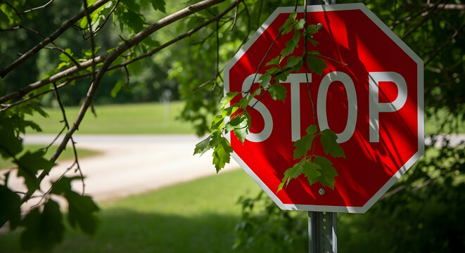 Stop Sign Partially Obscured By Foliage In A Quiet Natural Environment