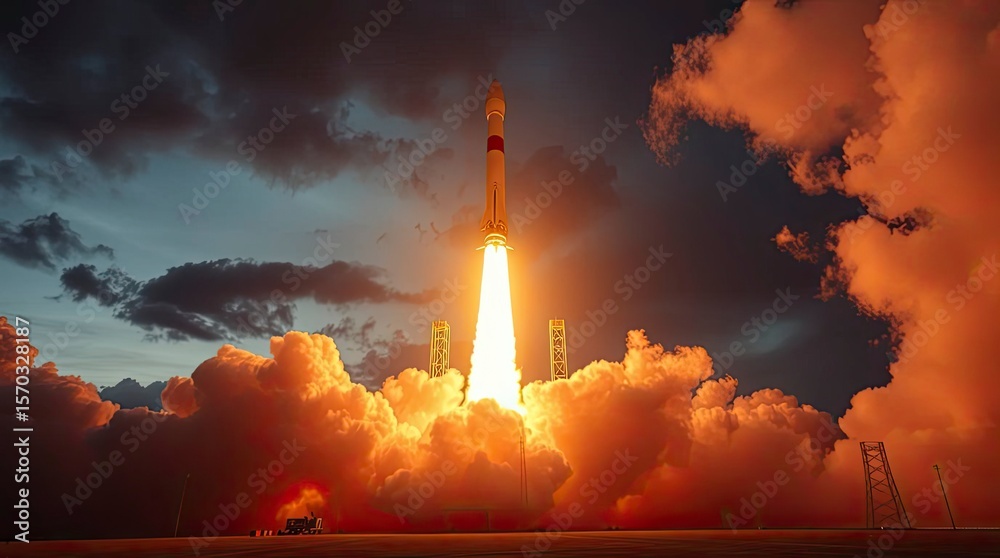 Wall mural rocket launch, film-like composition using low angles, lighting emphasizing the exhaust and surround