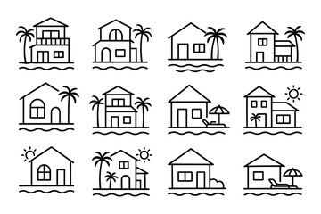 Fototapeta premium Tropical Beach House Icon Set Outline Style Vacation Home Vector Illustration