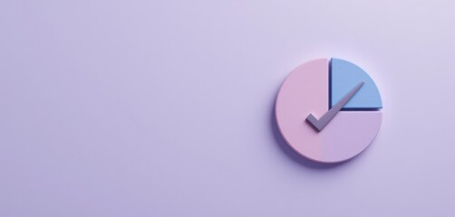 A pastel pink and blue pie chart featuring a gray checkmark is neatly arranged on a soft lavender background, representing completed analysis, data accuracy, and successful statistics.