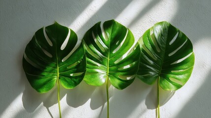Three vibrant monstera leaves create a tropical and refreshing ambiance against a textured white wall, illuminated by bright sunlight