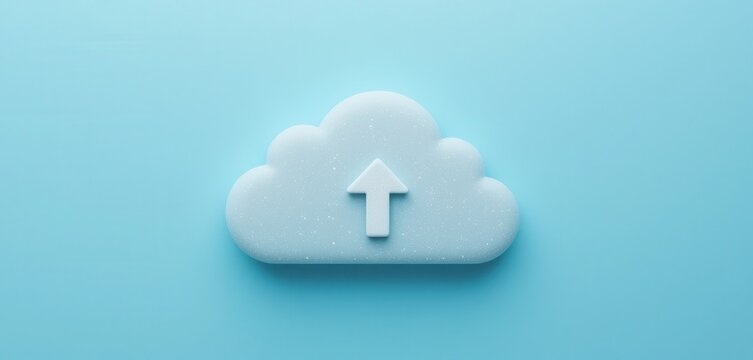 A soft, light blue cloud icon with a white upward-pointing arrow sits prominently on a matching bright blue background, symbolizing cloud computing, data upload, and digital storage. - Powered by Adobe