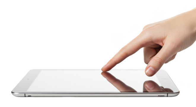 Isolated Hand Touching White Screen Tablet On Transparent Background
