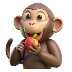 3D Cartoon monkey eating apple isolated on transparent background. use cases: stickers, emoji.