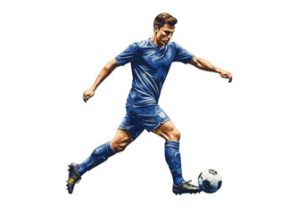 Fototapeta premium Illustration Soccer Player Kicking Ball Blue Uniform on Transparent