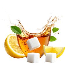 Tea Splash with Lemon Slices Sugar Cubes and Green Leaves on Transparent Background Isolated Transparent Background