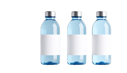 Three Blue Water Bottles With Blank White Labels and Silver Caps Isolated Transparent Background