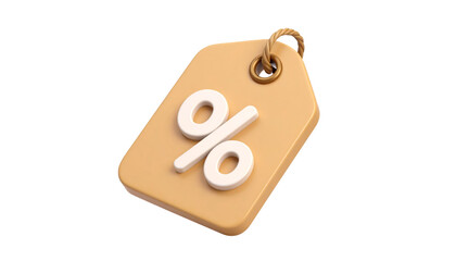 Three Dimensional Beige Price Tag With White Percentage Symbol Attached With Rope Isolated Transparent Background