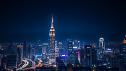 Nighttime urban landscape with illuminated skyscrapers and light trails, creating a dynamic city atmosphere.
