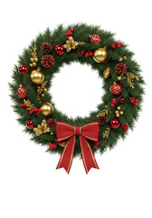 Festive Christmas Wreath Transparent Background with Gold Red Ornaments