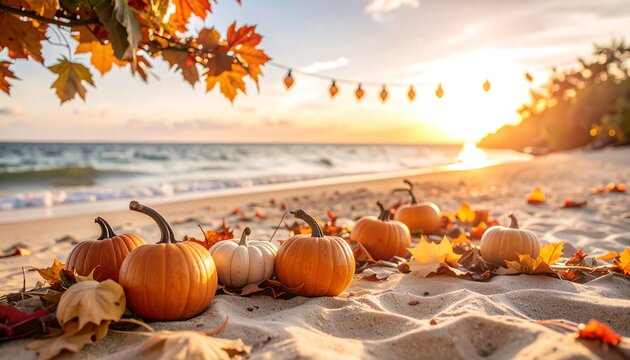 Pumpkins and Leaves on Beach at Sunset Autumn Scene