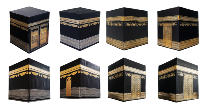 Detailed View of Kaaba Structure with Artistic Golden Patterns, isolated on transparent background