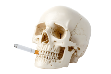 A stark visual metaphor featuring a skull smoking a cigarette against a black backdrop highlighting health risks and mortality, transparent background. Ai Generated Images