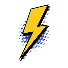Bold yellow lightning bolt with blue halftone pattern isolated on transparent background