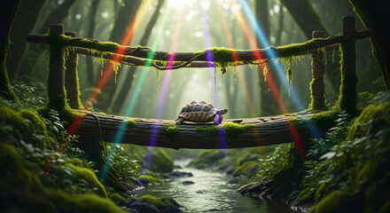 Rainbow Beams Illuminate a Turtle's Forest Crossing On A Mossy Woodland Bridge