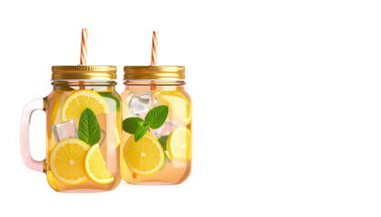 Two Mason Jars With Lemon Slices Mint Ice Cubes And Straws On Transparent Background Isolated Transparent Background