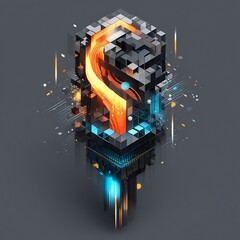 Abstract Digital Data Cube with Orange Stream