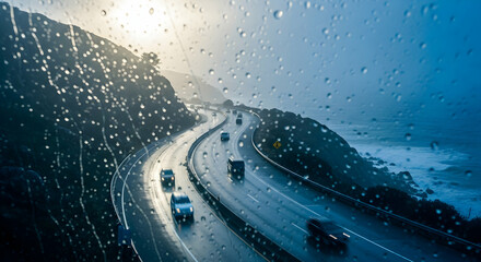 Rainy Day Road Trip Along The Pacific Coast Highway Near The Ocean