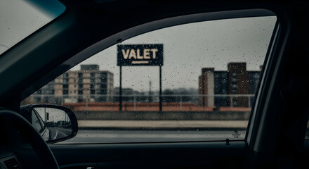 Rainy Day View From Inside Car With Valet Parking Sign Outside