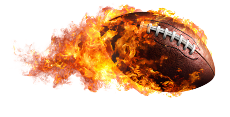 A realistic American football on fire, flying in a vector style against a white background