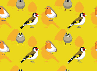 Summer Birds Robin Goldfinch Goldcrest Cartoon Seamless Pattern Background Wallpaper