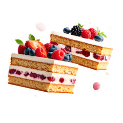 Two Slices Of Cake With Fresh Berries And Cream Filling Against An Isolated Transparent Background