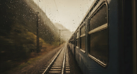 Rainy Train Journey Through Misty Mountains From The Cabin View On A Cloudy Day