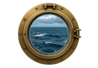 Isolated Porthole View of Blue Sea Ocean Round Window in Stormy Weather