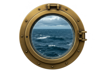Isolated Porthole View of Blue Sea Ocean Round Window in Stormy Weather