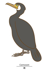鳥、手で描いた鵜の横向き全身のベクターイラスト