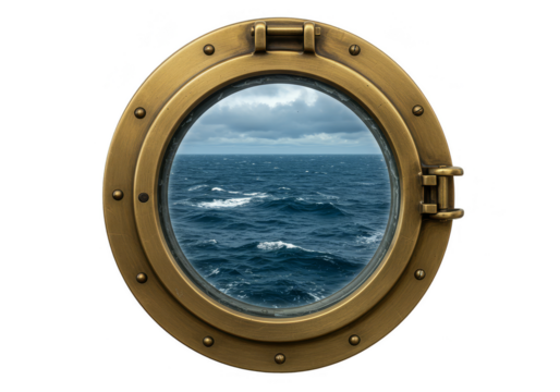 Isolated Porthole View of Blue Sea Ocean Round Window in Stormy Weather