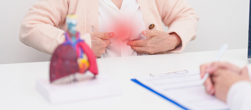 Doctor with Respiratory system. Elderly Patient consultation medical health for Lung Cancer, Asthma, Chronic Obstructive Pulmonary, Bronchitis, Emphysema, Cystic Fibrosis, Bronchiectasis, Pneumonia