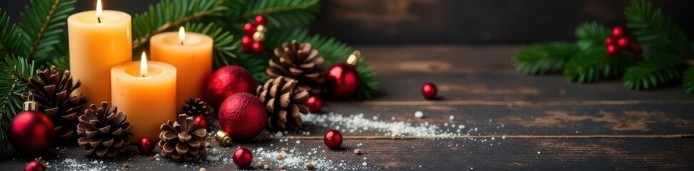 Dark wood backdrop with natural Christmas decor Pine cones, candles, ornaments, festive mood , background, christmas, photography
