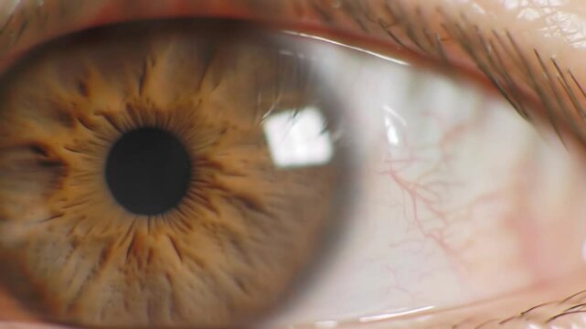 An extreme close-up of the human iris constricting in response to bright light.