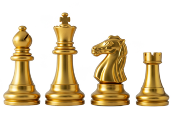 Isolated Golden Chess Pieces King Queen Knight Rook Strategy Game