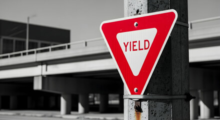 Red And White Yield Sign Affixed To Pole Near Overpass Structure