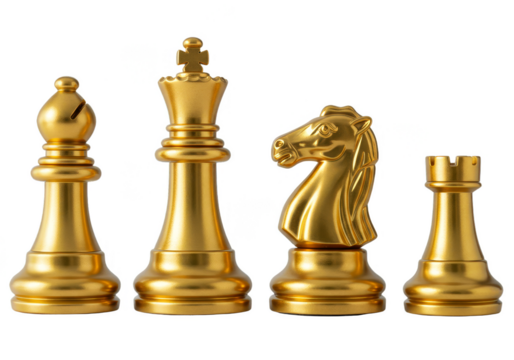 Isolated Golden Chess Pieces King Queen Knight Rook Strategy Game