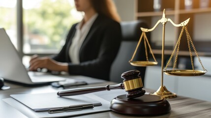 Lawyer working at desk with gavel and scales of justice. (1)