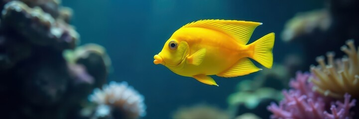 Single yellow tang, pristine aquarium setting, tropical fish, swim, water