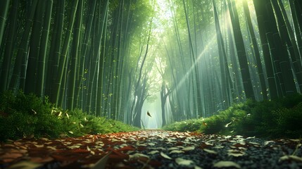 A serene bamboo forest with tall green stalks  