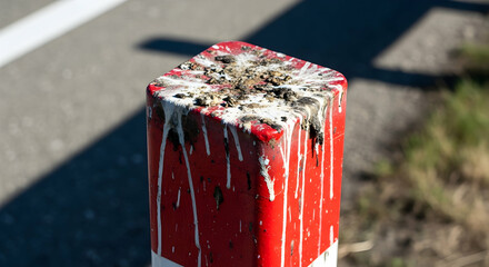 Red Post Landmark Afflicted By Bird Droppings In Urban Landscape On Sunny Day