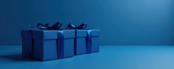 Two luxury dark blue gift boxes with a single blue bow, side view, perfect for a corporate gift , festive, dark, detail